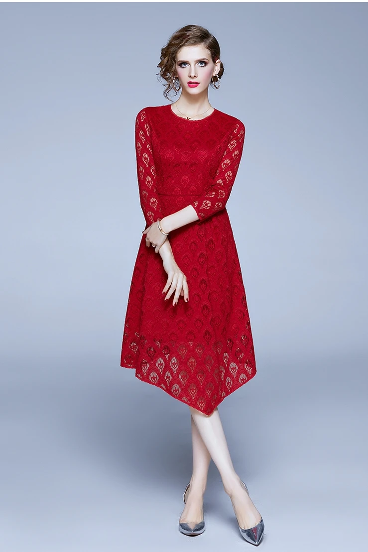 Осеннее Красное Кружевное рождественское платье с длинными рукавами, Vestido Invierno Mujer,, миди вечерние женские платья, Dames Jurken ropa mujer K2023