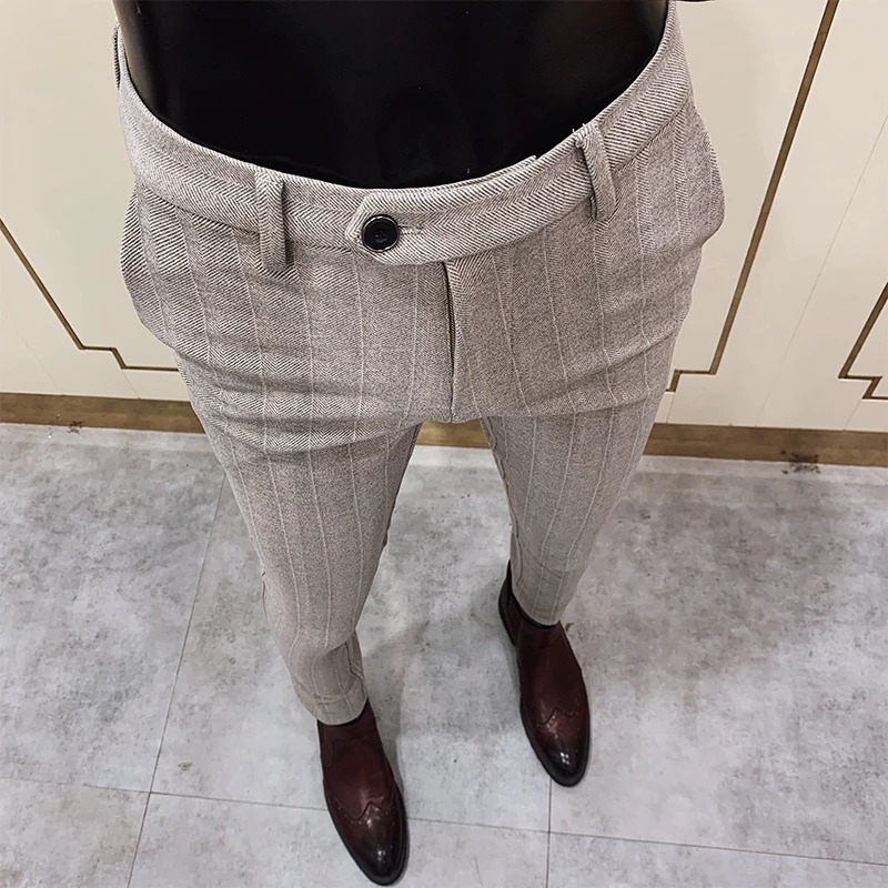 

2021 Autumn Winter Men Striped Dress Pants Woolen Warm Business Formal Social Suit Pants Casual Slim Fit Cigarette Trousers