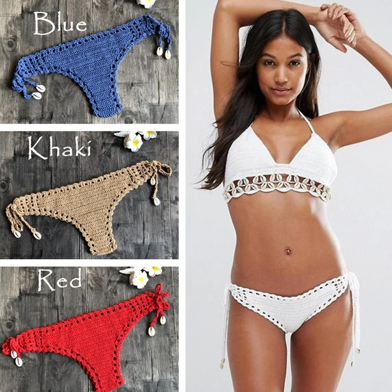 Women Sport Sexy Bikini Thong Handmade Crochet Swimwear Bikini Bottom Hollow-out Low Waist Bathing Suit