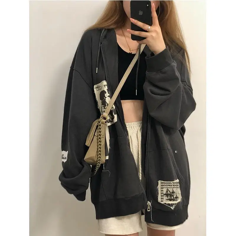 Women sweatshirt Oversized Hoodies Spring Jacket letter Print Coat Goth Harajuku Y2k aesthetic Clothes grunge Punk Jacket Zip-up cute sweatshirts