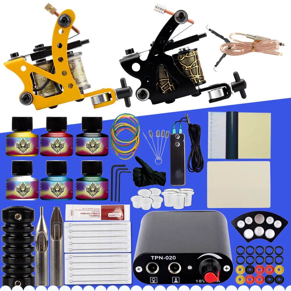 Baratos Kit de tatuaje completo juego de dos ametralladoras 6 tintas de colores negro fuente de alimentación accesorios maquillaje permanente conjunto de tatuaje profesional