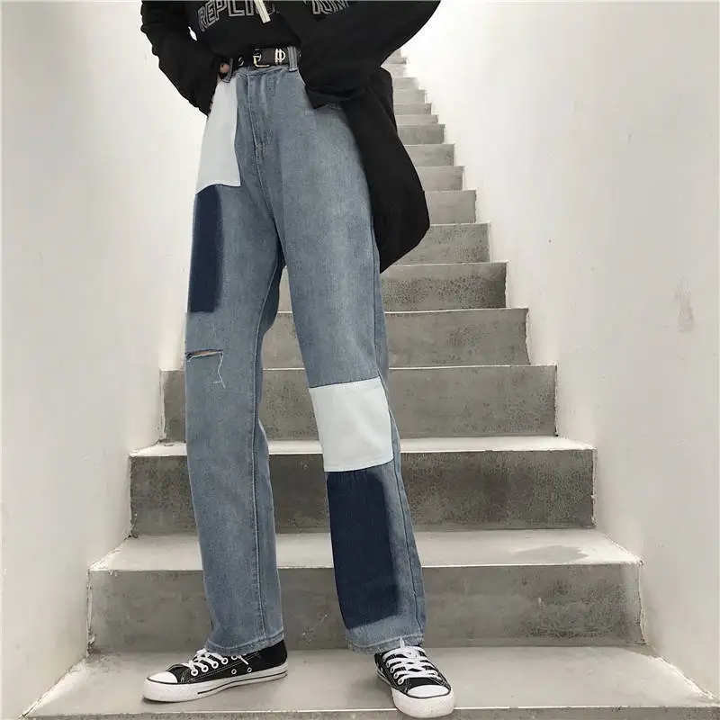 Women's Jeans Blue High Waist Holes Casual Straight Girls Students Denim Trousers Female Vintage Wide-Leg Jeans women Pants Women's Jeans Blue High Waist Holes Casual Straight Girls Students Denim Trousers Female Vintage Wide-Leg Jeans women Pants
