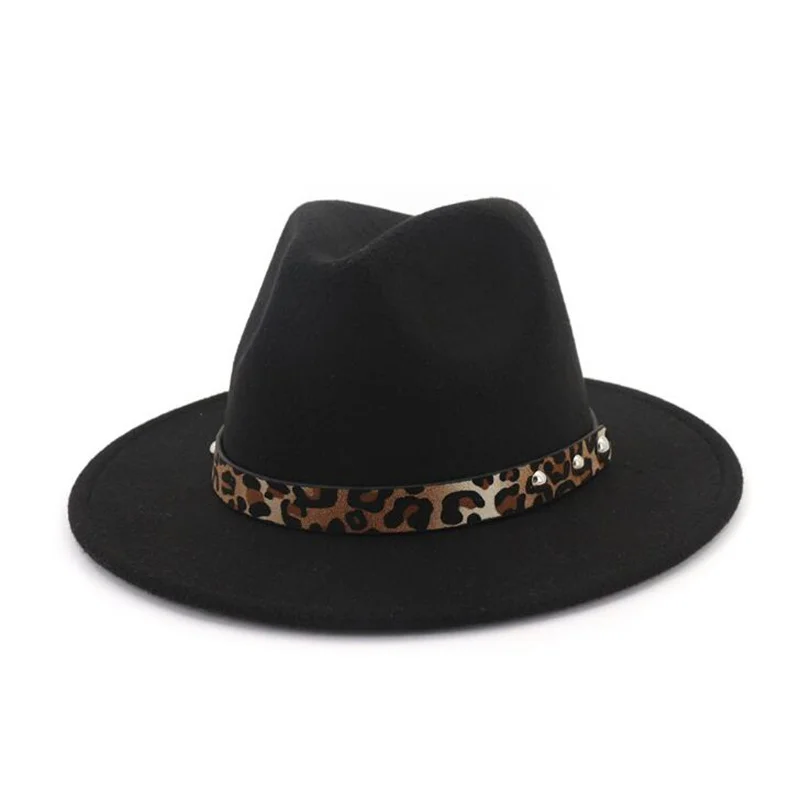 

Winter Autumn Imitation Woolen Women Men Ladies Fedoras Top Jazz Hat Leopard Belt Round Caps Bowler Hats H3