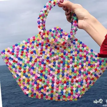 

Handmade Woven Women Luxury Design Beaded Bag Causal Cute Small Tote Bag Retro Lady transparent Handbag Pet Package Pearl