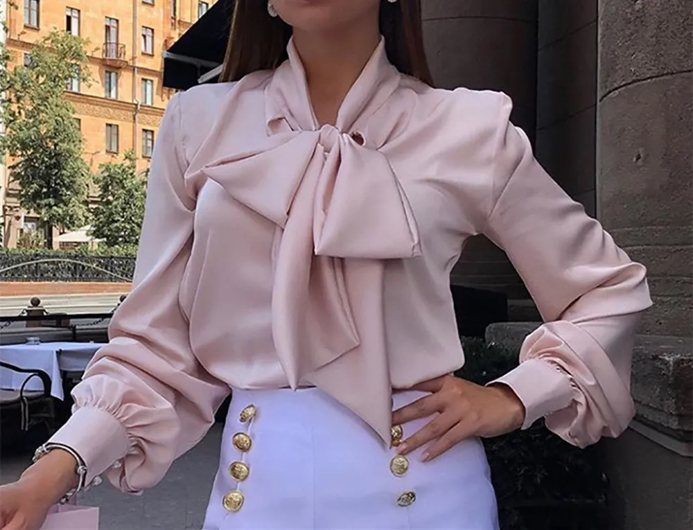 WHITNEY WANG блузки женские осенние модные элегантные атласные блузки с бантом женские блузы офисные женские рубашки топы