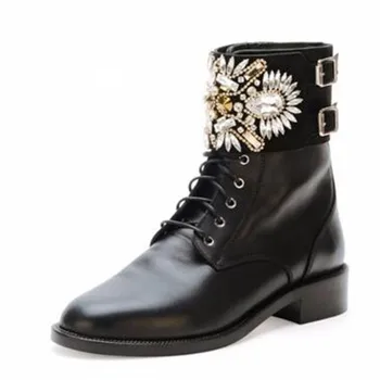 

Rhinestone Flats Ankle Boots Lace Up Shoes Woman Buckle Crystal Riding Knight Botas Mujer Med Heels Combat Thigh High Boots