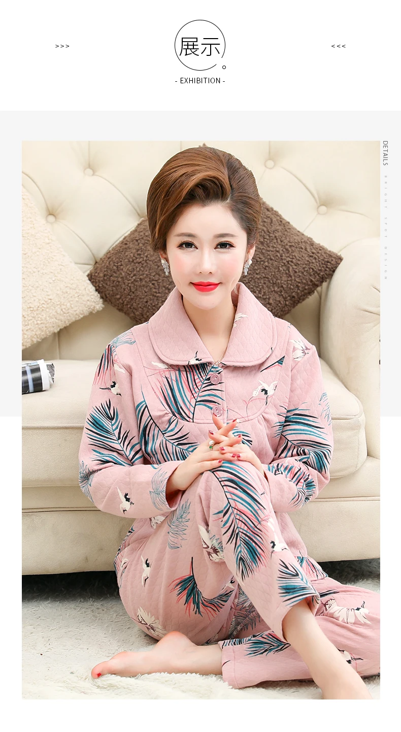 Осень Зима 3 слоя тонкие стеганые пижамы набор животных печати пижамы женщин с длинным рукавом дамы элегантный размера плюс M-4XL домашняя одежда