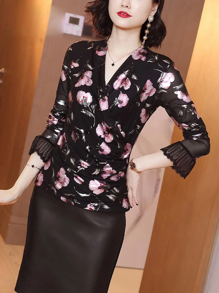 Новая Осенняя женская блузка с цветочным принтом и длинным рукавом с v-образным вырезом женские черные повседневные топы и рубашки