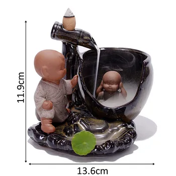 

New Backflow Incense Burner Home Decor Ceramic Little Monk Small Buddha Incense Holder Aromatherapy Censer + 10pcs Incense Cones