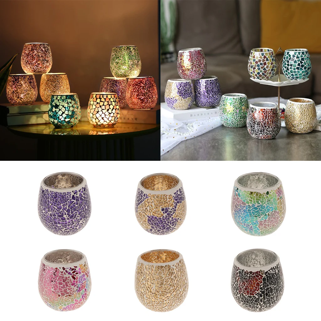 European Glass Mosaic Candle Holder Tea Light Candelabrum Mood Light Holder Case Tabletop Ornament Candlestick Home Desk Decor
