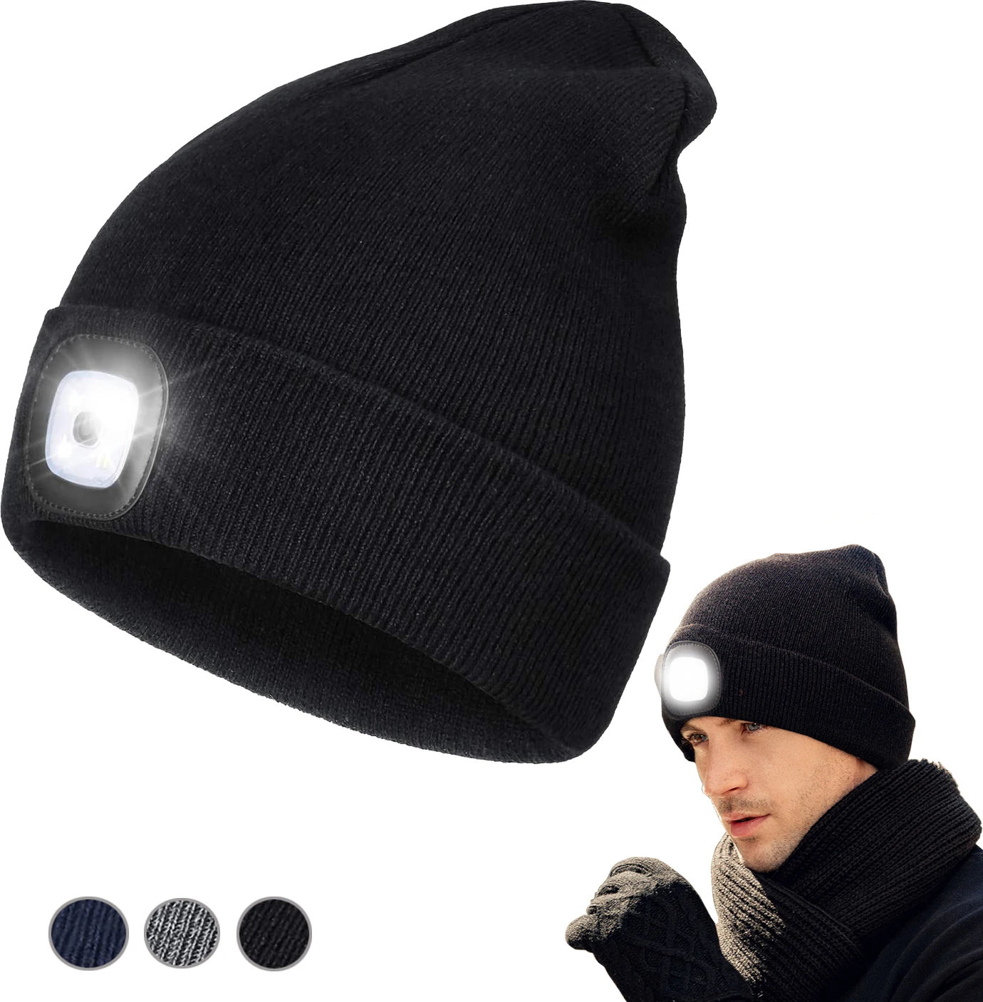 LED Beanie Hat with Light Unisex USB Rechargeable Lamp Hats Hands Free Headlamp Cap Winter Knitted