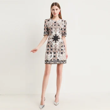 

Xiaomoli Vintage print check round collar elegant lady short-sleeved dress 2019 new boutique winter wear