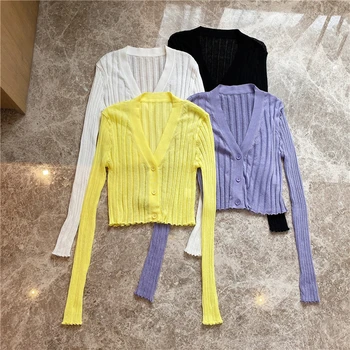 

Thin Knitted Shirt for Woman 2020 Summer New V-neck Solid Color Short Thin Ice Silk Long-Sleeve Knit Open Coat Female Tops
