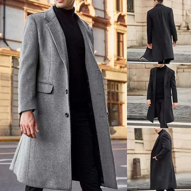 Autumn Winter Mens Wool Coat Solid Long Sleeve Woolen Jackets Fleece Men Overcoat Streetwear Fashion Long