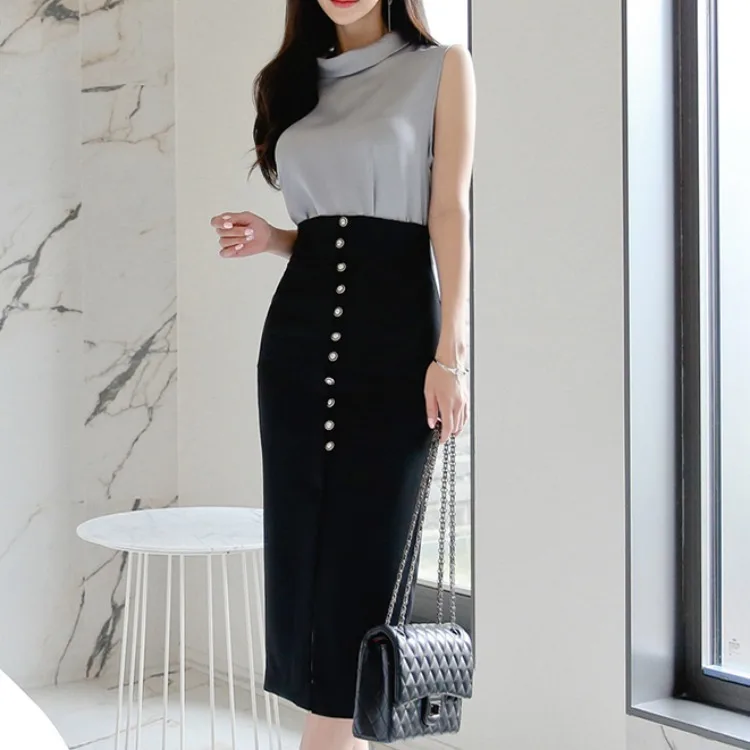 

suit 2020 new celebrity temperament stand collar shirt women's small group light cooked high waist wrap hip split skirt