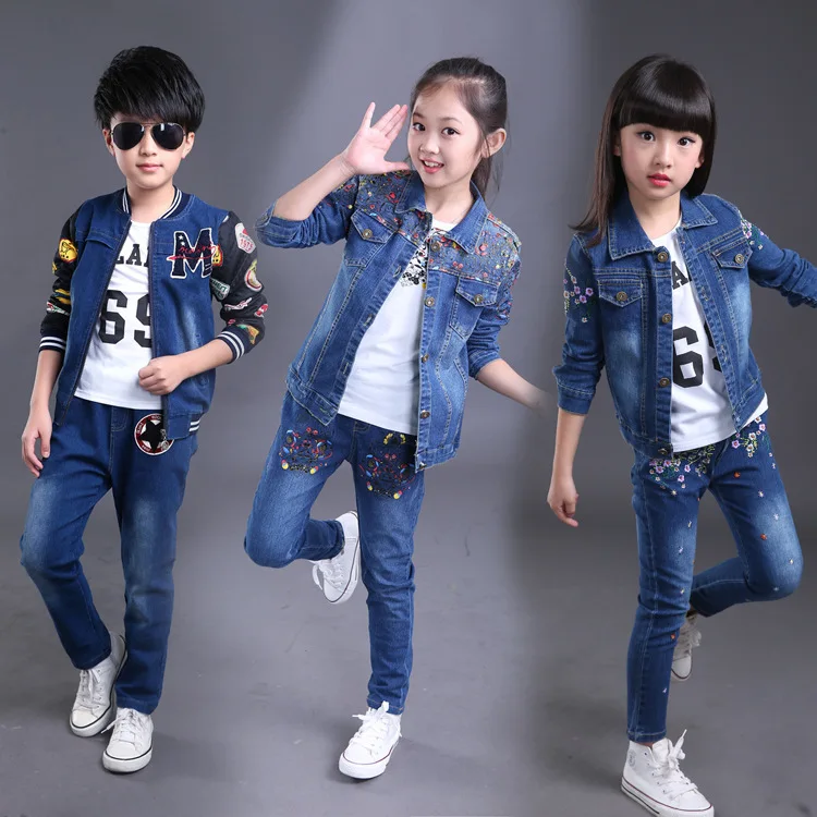 

A Generation of Children's Clothing for Boys and Girls New Children's Big Children's Denim Suit 2018 Spring New Sports Suit