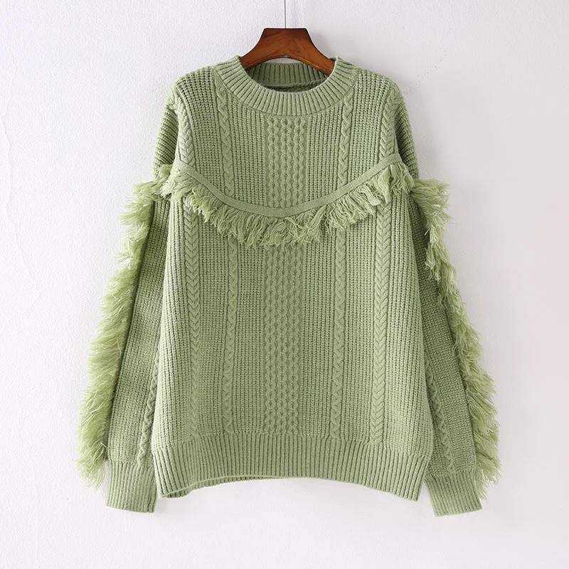 

PERHAPS U Women Green Beige Khaki Sweater Knitted Pullovers Long Sleeve O-neck Tassel Loose Autumn Winter M0243