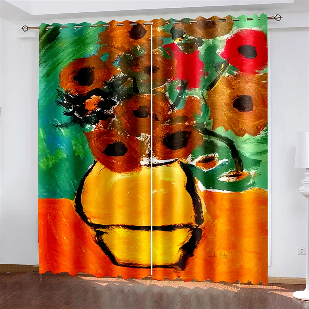 

Sunflower Printed Woven Curtains Bedroom Blackout Curtains with Two Independent Curtains on The Left and Right