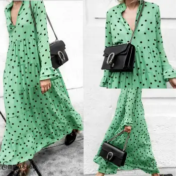 

Fashion Women Deep V Neck Long Sleeve Polka Dot Print Dress Party Cocktail Summer Swing Long Dresses Vestidos
