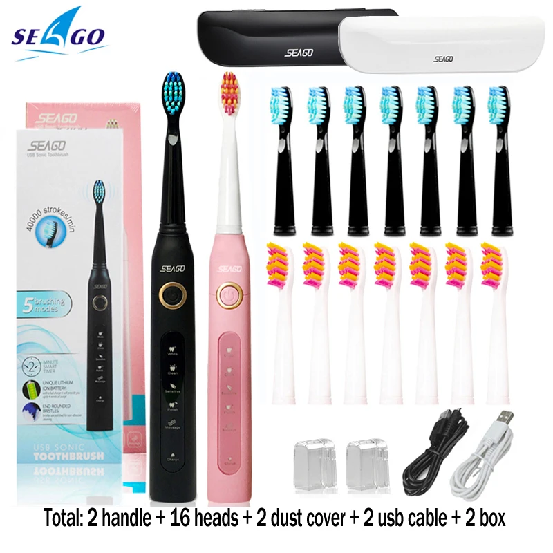 Seago Sonic электрическая зубная щетка SG-507 для взрослых с таймером щетка 5 режимов USB зарядное устройство перезаряжаемые сменные головки зубных щеток Набор - Цвет: black pink box head