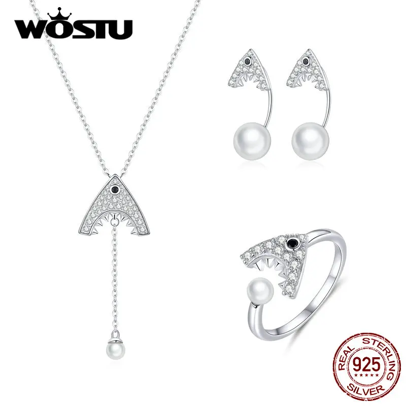 WOSTU Real 925 Sterling Silver Shark Jewelry Set Zircon Opening Rings& Earrings For Women Necklace& Bracelet Luxury Jewelry