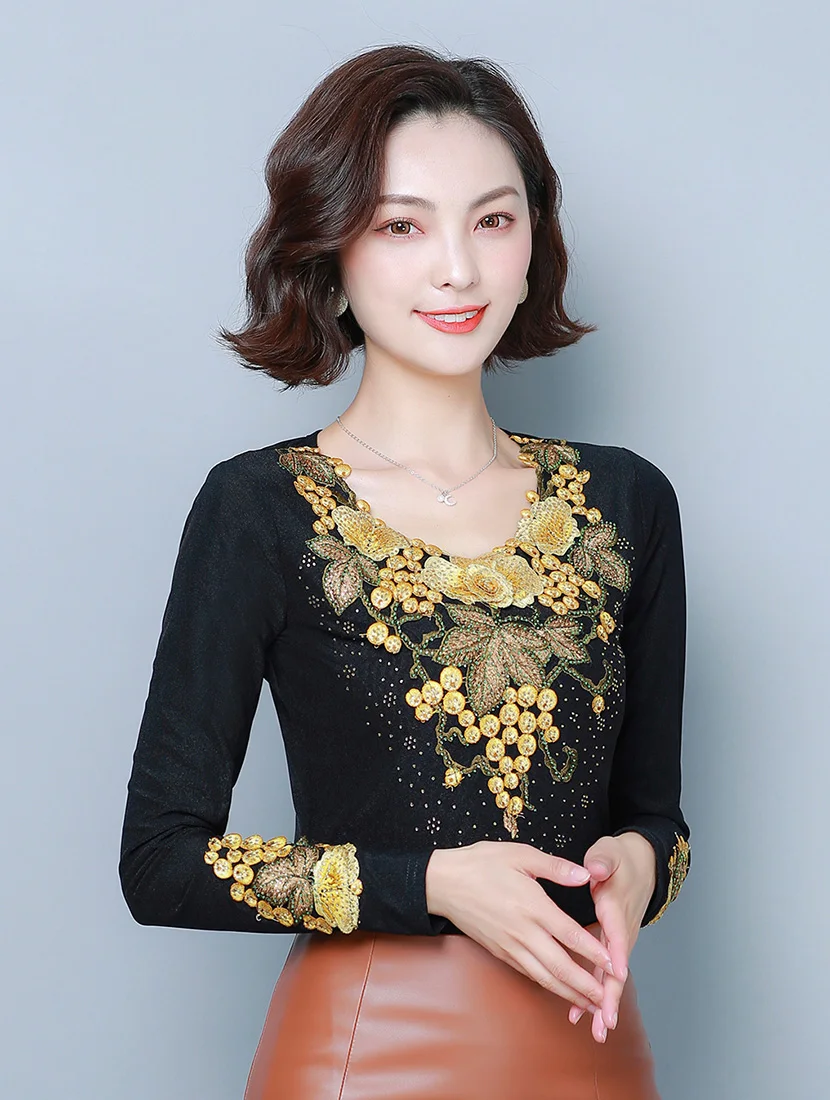 6XL blusas mujer de moda осенние сетчатые Топы с длинным рукавом модные элегантные тонкие женские блузки с цветочной вышивкой Рубашки Плюс топы