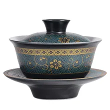 Black Glaze Ceramic Gilded Silver Liner Tea Set Cover Bowl Domestic Office Kungfu Tea Bowl Sancai Bowl Silver Cover Bowl Customi
