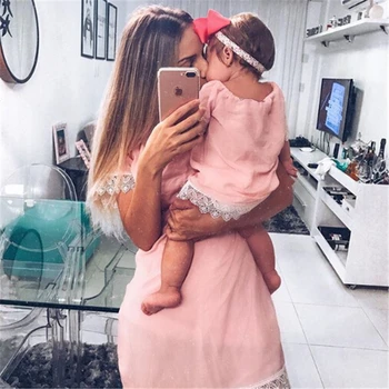

Mother Daughter Dresses Fashion Family Lace Mini Dress Matching Mom Girls Family Clothes Summer Women Baby Mommy Clothes