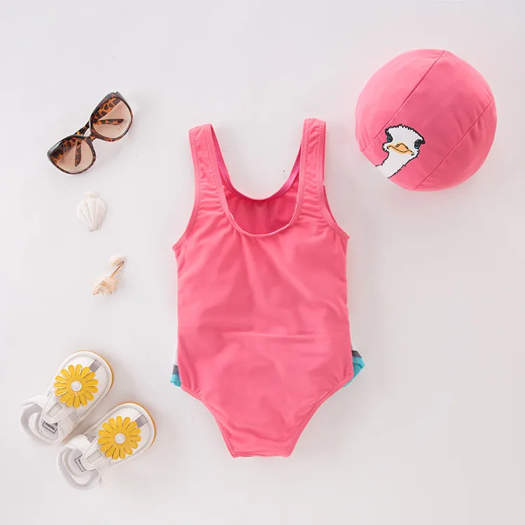 

Girl'S One-piece Swimming Suit Pink Ostrich with Hat-Children Hot Springs Bathing Suit