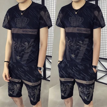 

Men Set Trainingspak Mannen Digital Printing Ice Silk Slim Suit Summer Men Large Size Short-sleeved T-shirt Cropped Pants Shorts