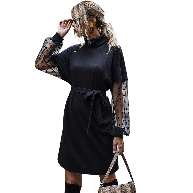 

Woman OL Dress Autumn Lace Puff Sleeve Knee-Length Black Vintage Casual Dresses Female Outwear