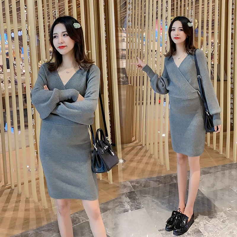 

8335# Deep Across V Neck Maternity Nursing Sweaters Autumn Winter Sexy Hot Feeding Knitted Dress for Pregnant Women Pregnancy