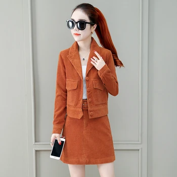 

2020 Spring Autumn New Skirt Set Women Fashion Plus Size Skirt Set Temperament Two Piece Set Ladies Corduroy Jacket 3XL Q1203