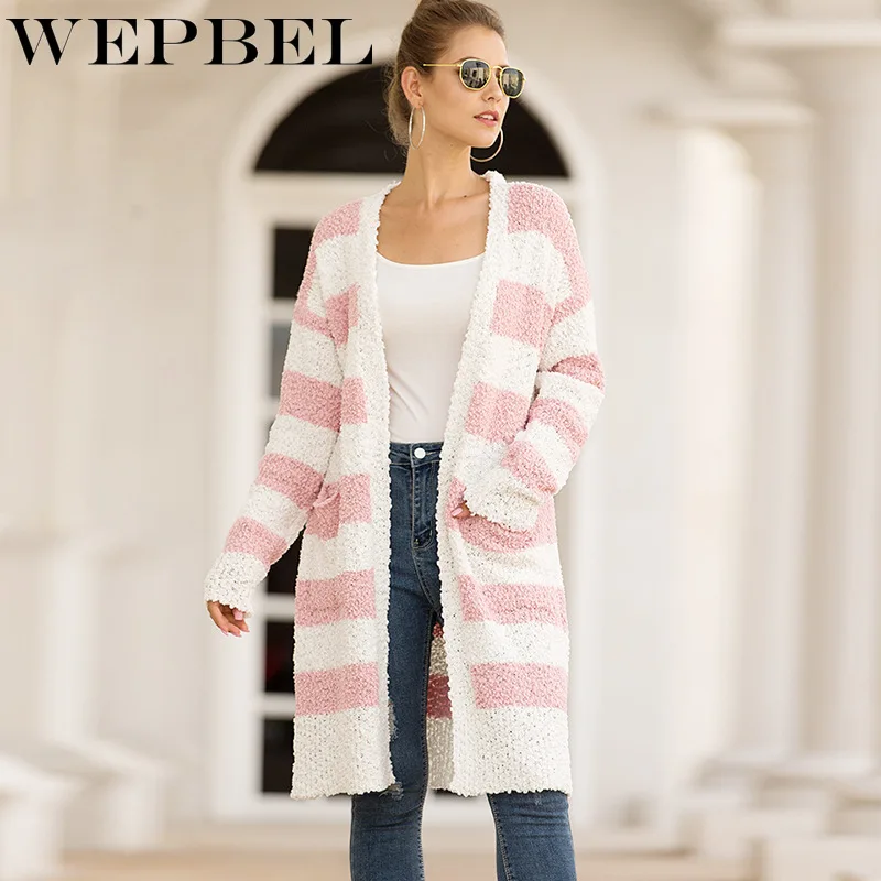 

WEPBEL Velvet Striped Color V-Neck Matching Knitted Sweater Cardigan Fall Winter Long Sleeve Women Mid Long Sweater Female