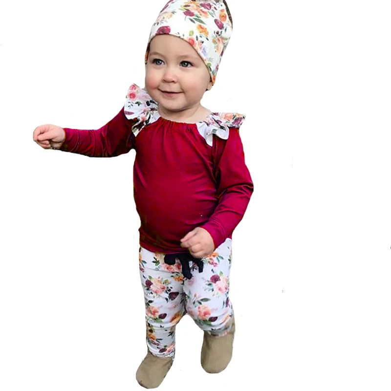 SOSOCOER/комплект одежды для новорожденных девочек; сезон весна-осень; Однотонная футболка+ штаны с цветочным рисунком+ повязка на голову; комплект из 3 предметов; одежда для малышей