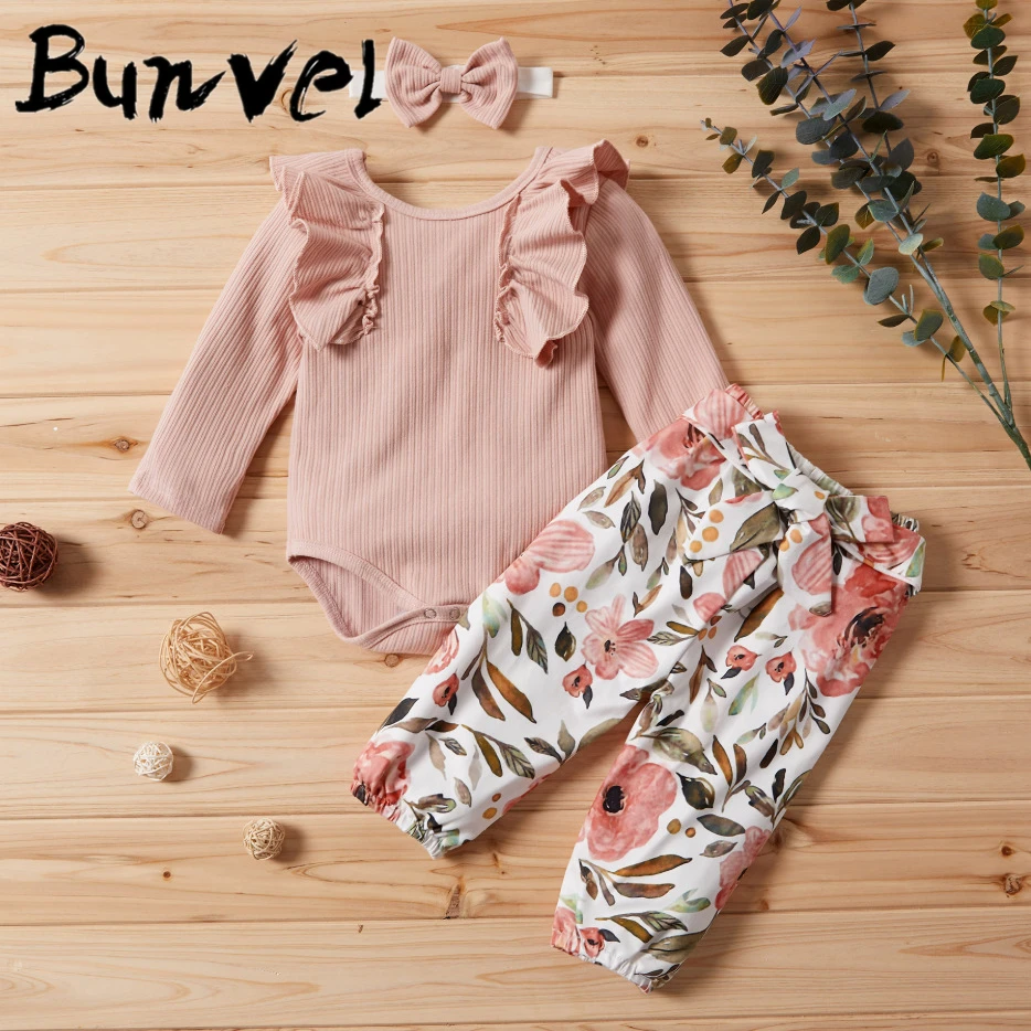 Bunvel/комплект из 3 предметов; комбинезон с оборками для маленьких девочек; топы; штаны; повязка на голову; зимняя одежда; одежда с цветочным принтом; 45 - Цвет: Розовый