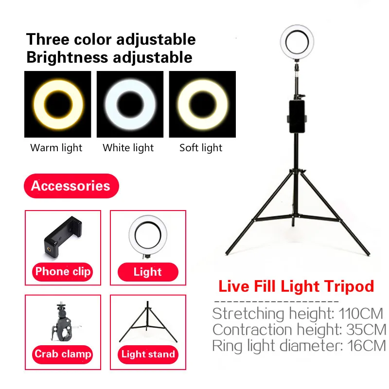 BEIYANG 16 см/6 дюймов светодиодный кольцевой светильник для селфи для студийной фотосъемки фото заполняющий кольцевой светильник со штативом для iphone смартфонов макияж - Цвет: Белый