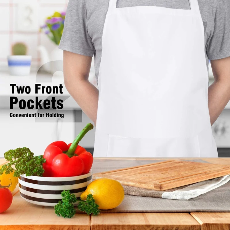 4 Pack Bib Aprons with 2 Pockets Adjustable Kitchen Cooking Chef Apron for Women & Men, White