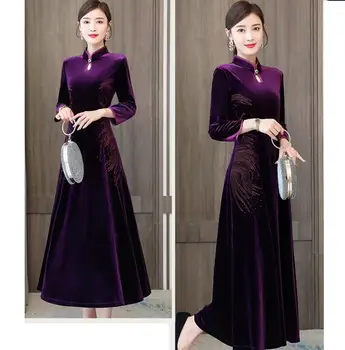 

2020 Autumn Fashion Women Improved Cheongsam Maxi Dress Middle Aged Mother Women's Dresses Purple Robe Femme Plus Size 4xl Wine