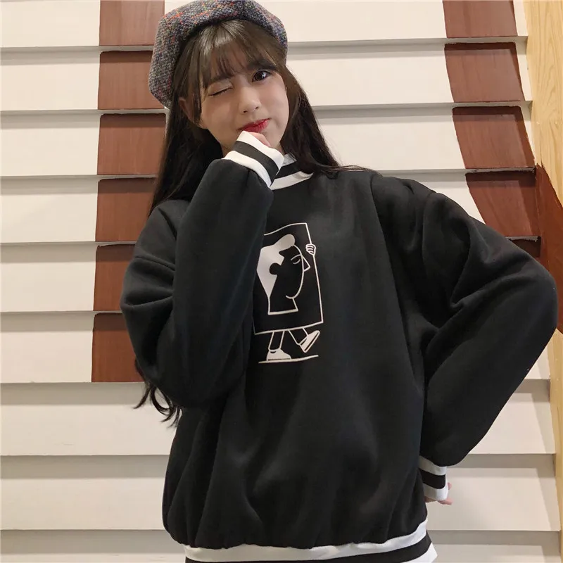 Забавный мультяшный Принт толстовки Толстовка Kpop толстовки женские Лоскутные негабаритные корейские пуловеры с длинным рукавом зимняя Толстовка