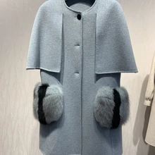 OFTBUY повседневное пальто из натурального меха, плащ, зимняя куртка для женщин, натуральный Лисий мех, карман, шерсть, длинная верхняя одежда, женская уличная одежда