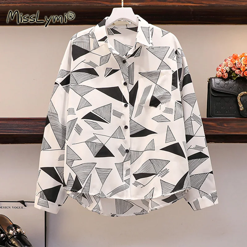 L-4XL Plus Size Women White Graffiti Print Shirts Autumn 2020 Turn-down Collar Long Sleeve Loose Casual Chiffon Blouse Oversized | Женская