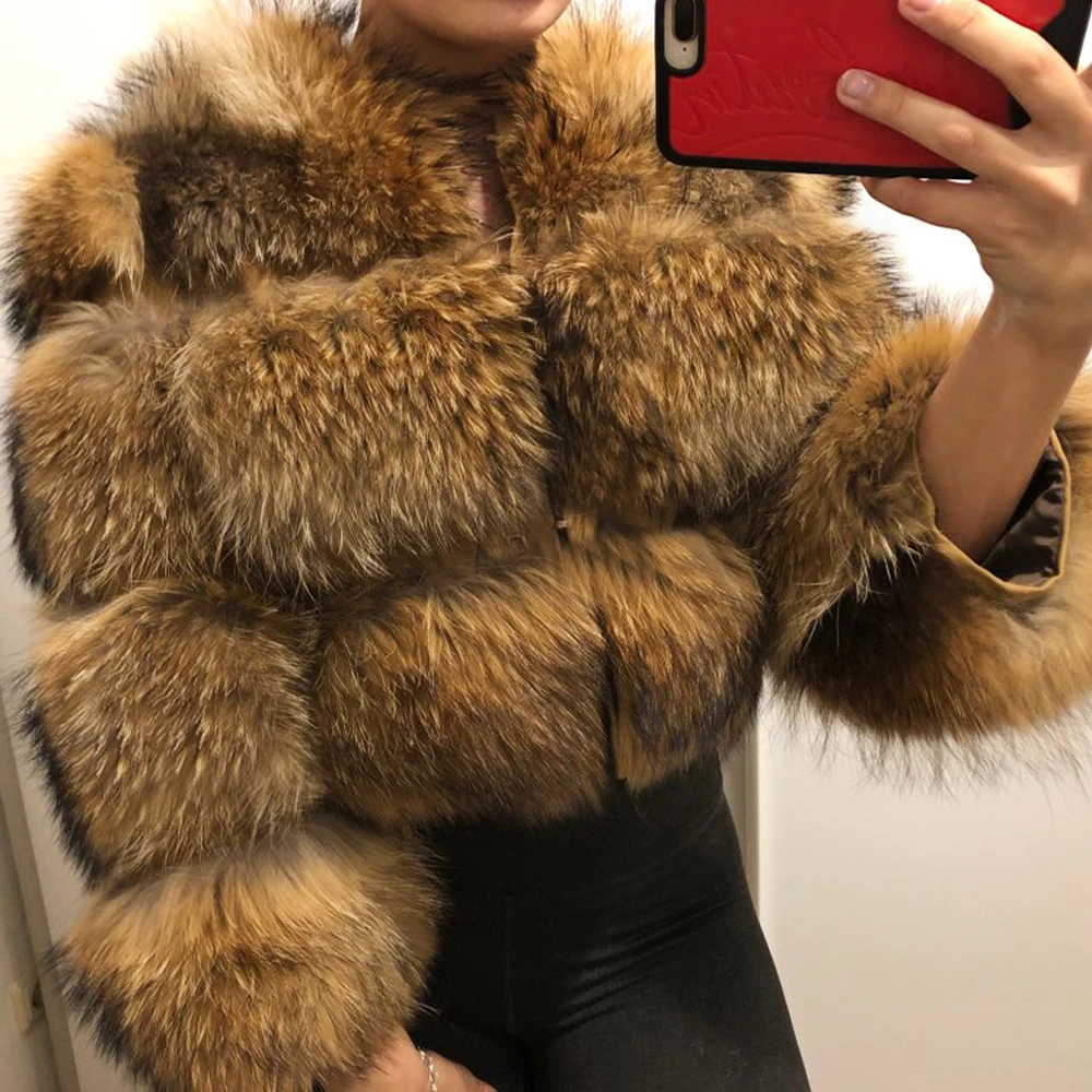 coat 45cm Maomaokong, зимняя новая стильная куртка, женское плотное меховое пальто, куртка из натурального меха енота, высококачественное пальто из меха енота, теплое пальто с круглым вырезом - Цвет: coat 45cm
