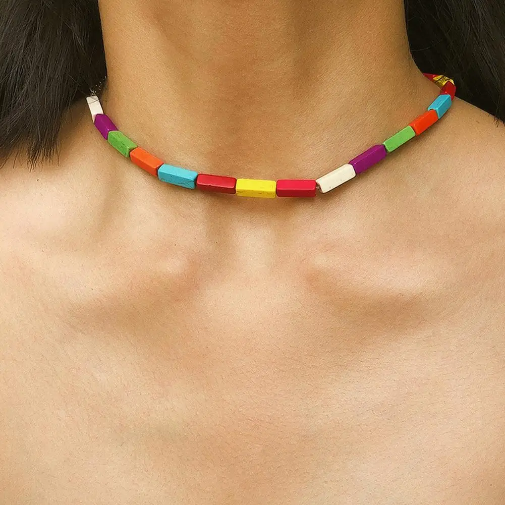 Featuring colorful geometric bar design Fashion Women Colorful Geometric Bar Choker Necklace Jewelry Birthday Gift simple stylis