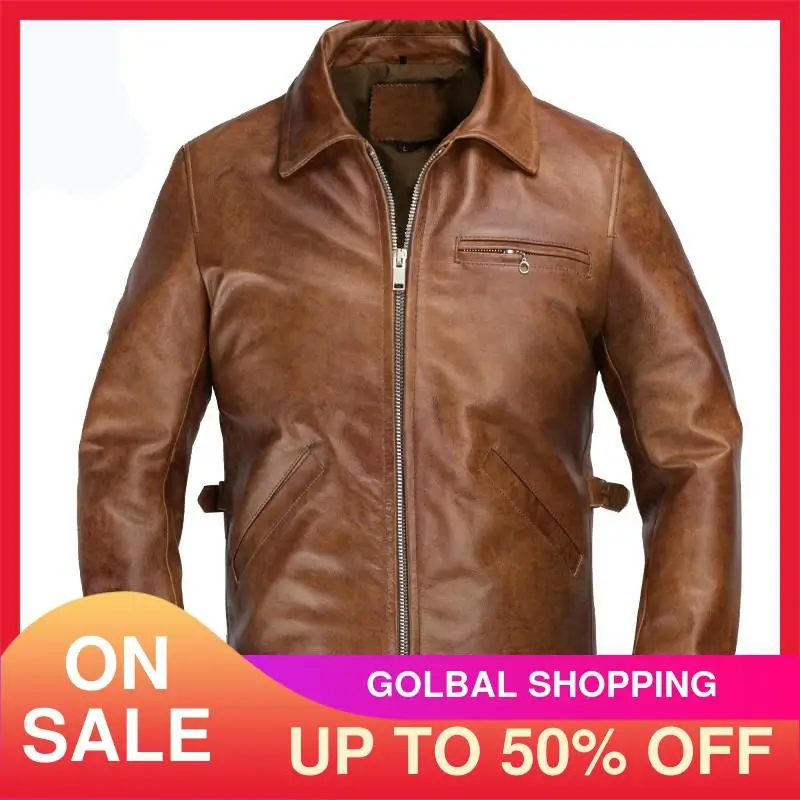 Мужская повседневная кожаная куртка коричневая винтажная большого размера XXXL из