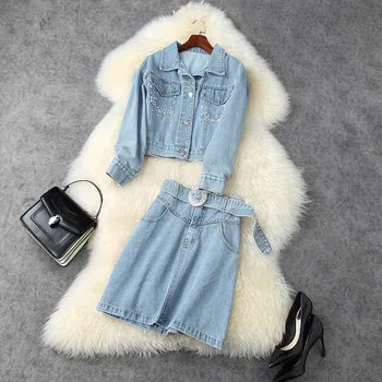 

Women's Suit Denim 2020 Autumn Winter Fashion Beading Sequined Short Jacket + High Waist A-Line Skirt Two Piece Set Female S-XL