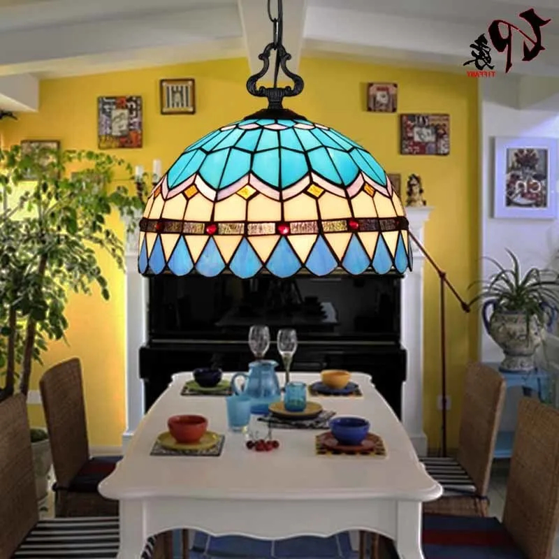 

16inch Tiffany Mediterranean Stained Glass Suspended Luminaire E27 110-240v Chain Pendant Light For Home Parlor Dining Bed Room