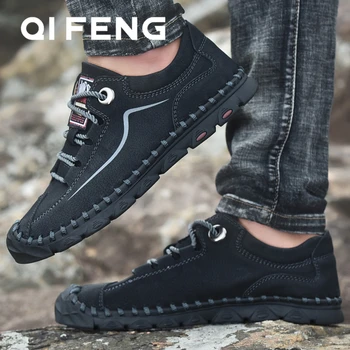 

Men's Manual Casual Shoes Summer Fashion Soft Black Leather Skateboarding Shoes Male Non-slip Youth Student Shoes British style
