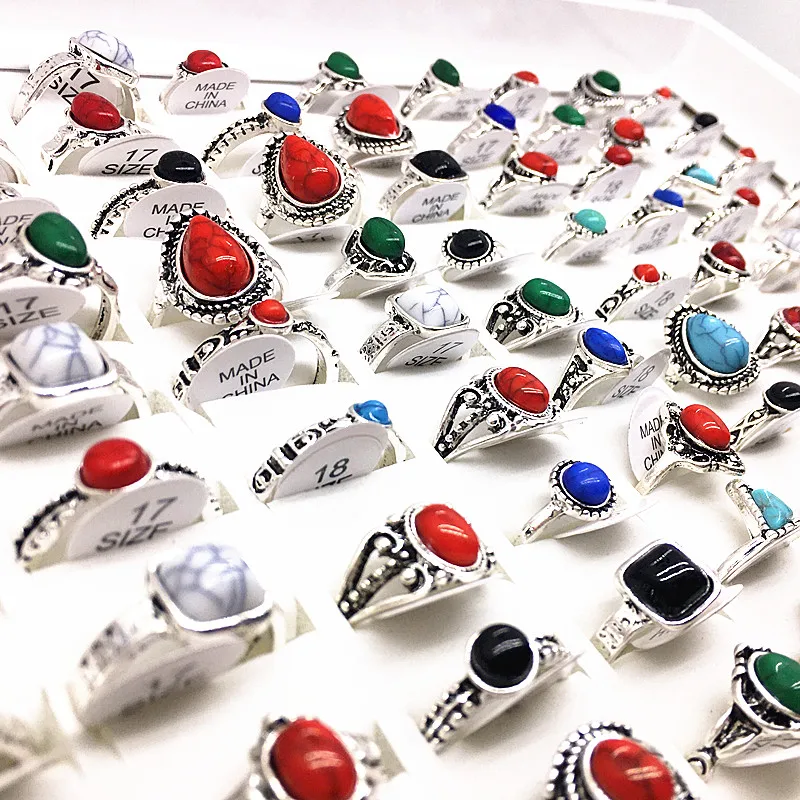 50 stücke mischen stil natur stein legierung ringe modeschmuck