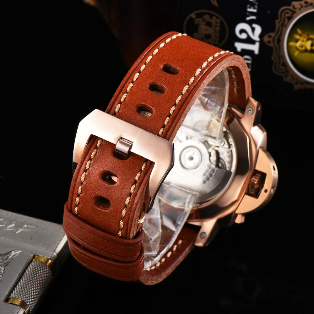 Parnis автоматические механические наручные часы 42 мм для мужчин золотой чехол с черным циферблатом коричневый кожаный ремешок aaa